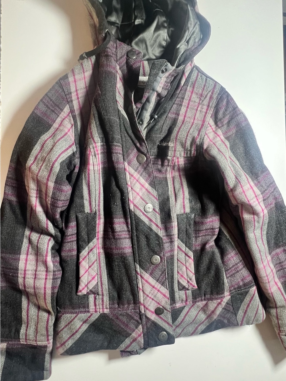 Womens Plaid Hooded Winter Jacket - Pink, Purple & Gray